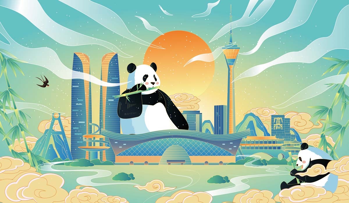 成都城市建筑剪影插画线稿平面海报素材