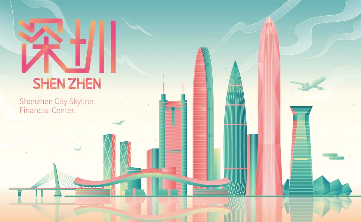 深圳城市建筑剪影插画线稿平面海报素材
