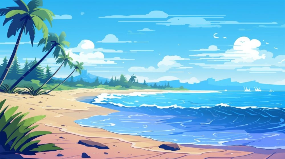手绘卡通夏天夏日大海边沙滩天空自然风景插画背景展板海报矢量素材图 (16)