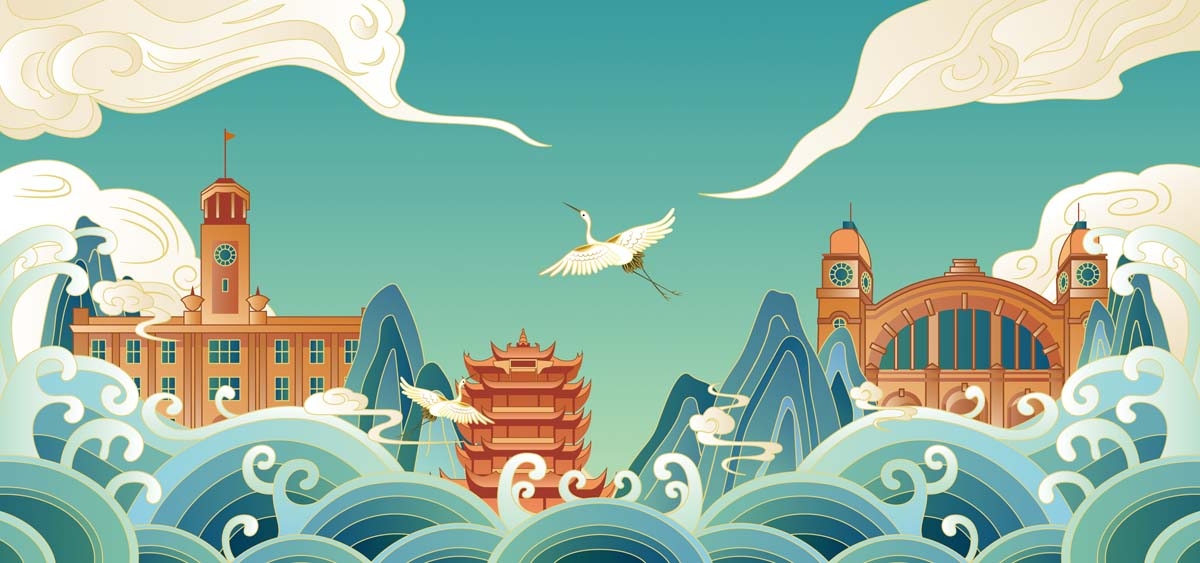 国潮武汉城市建筑线稿插画平面海报素材