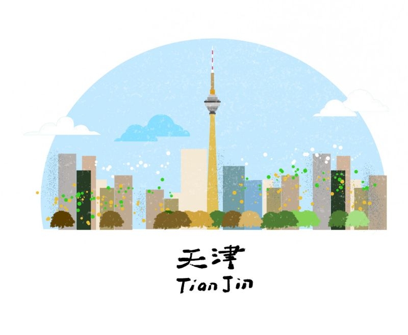 国潮天津城市建筑线稿平面海报素材