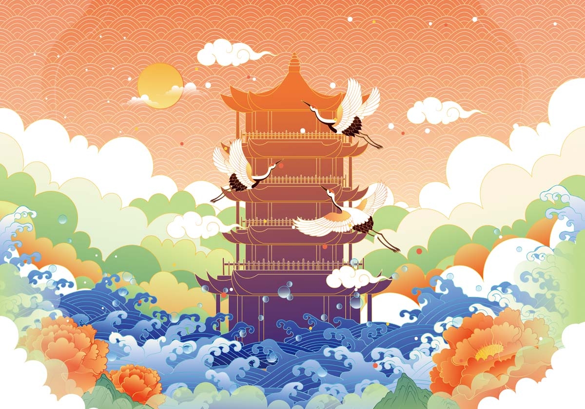 国潮武汉城市建筑线稿插画平面海报素材