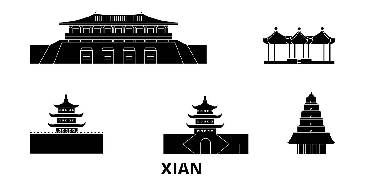 西安城市建筑剪影插画线稿平面海报素材