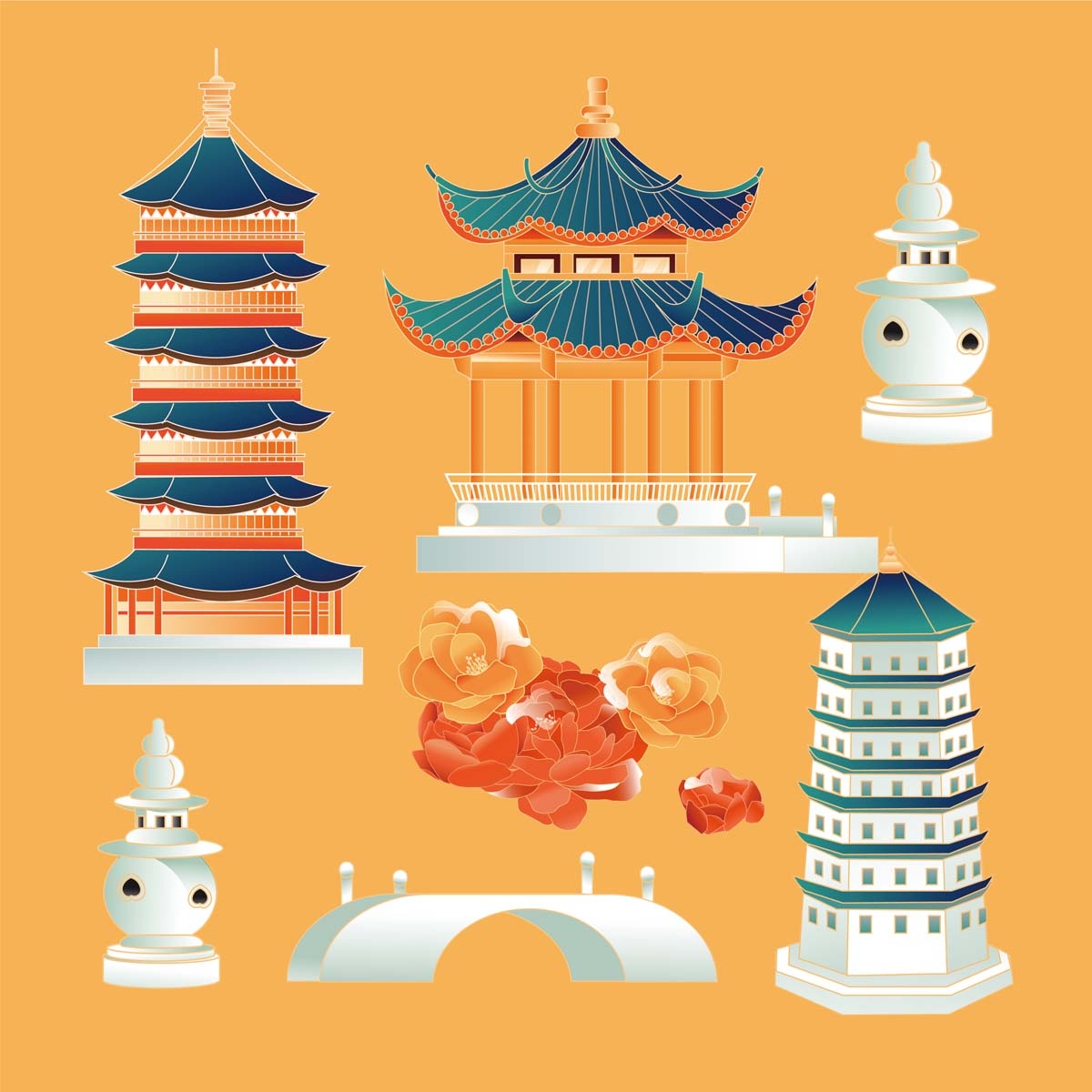 杭州城市建筑剪影插画海报素材