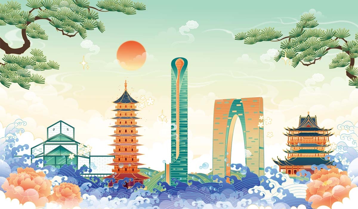 苏州城市建筑剪影插画线稿平面海报素材