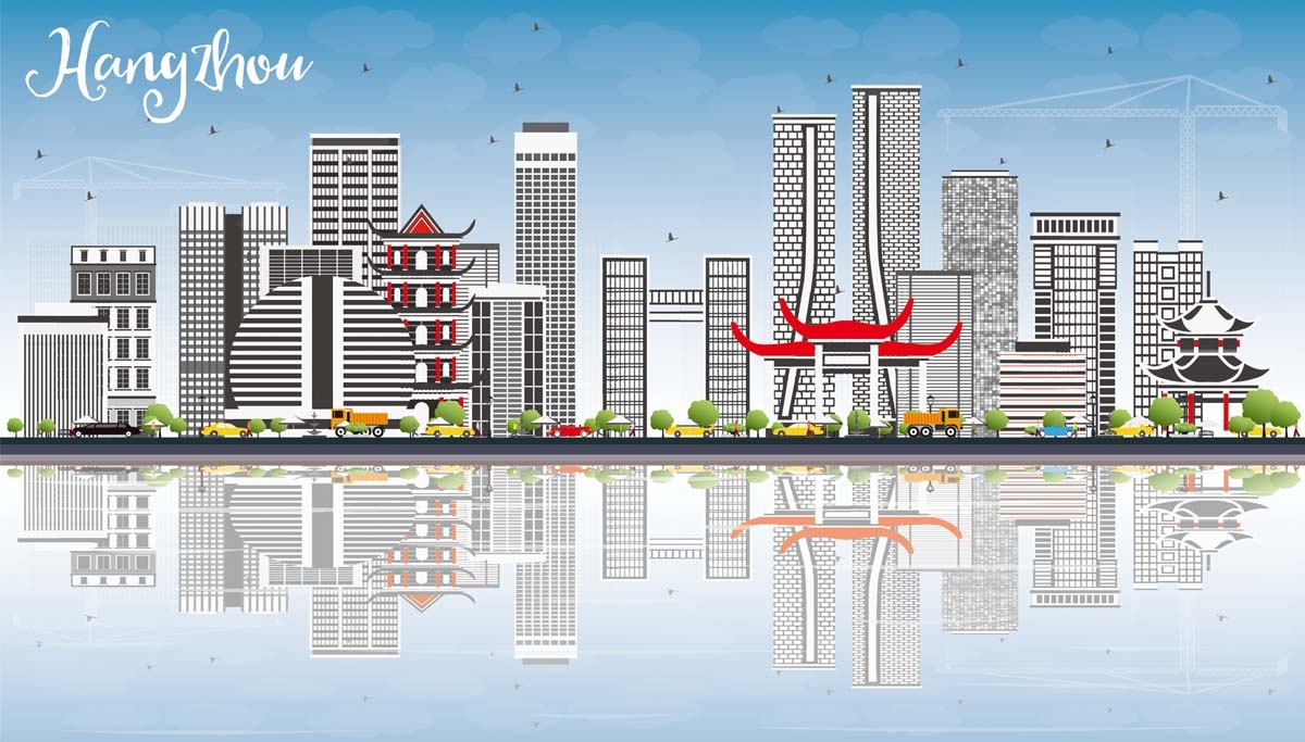 杭州城市建筑剪影插画海报素材