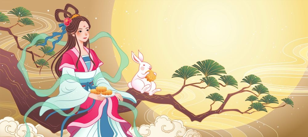 国潮中秋节月亮兔子嫦娥奔月展板插画 (6)