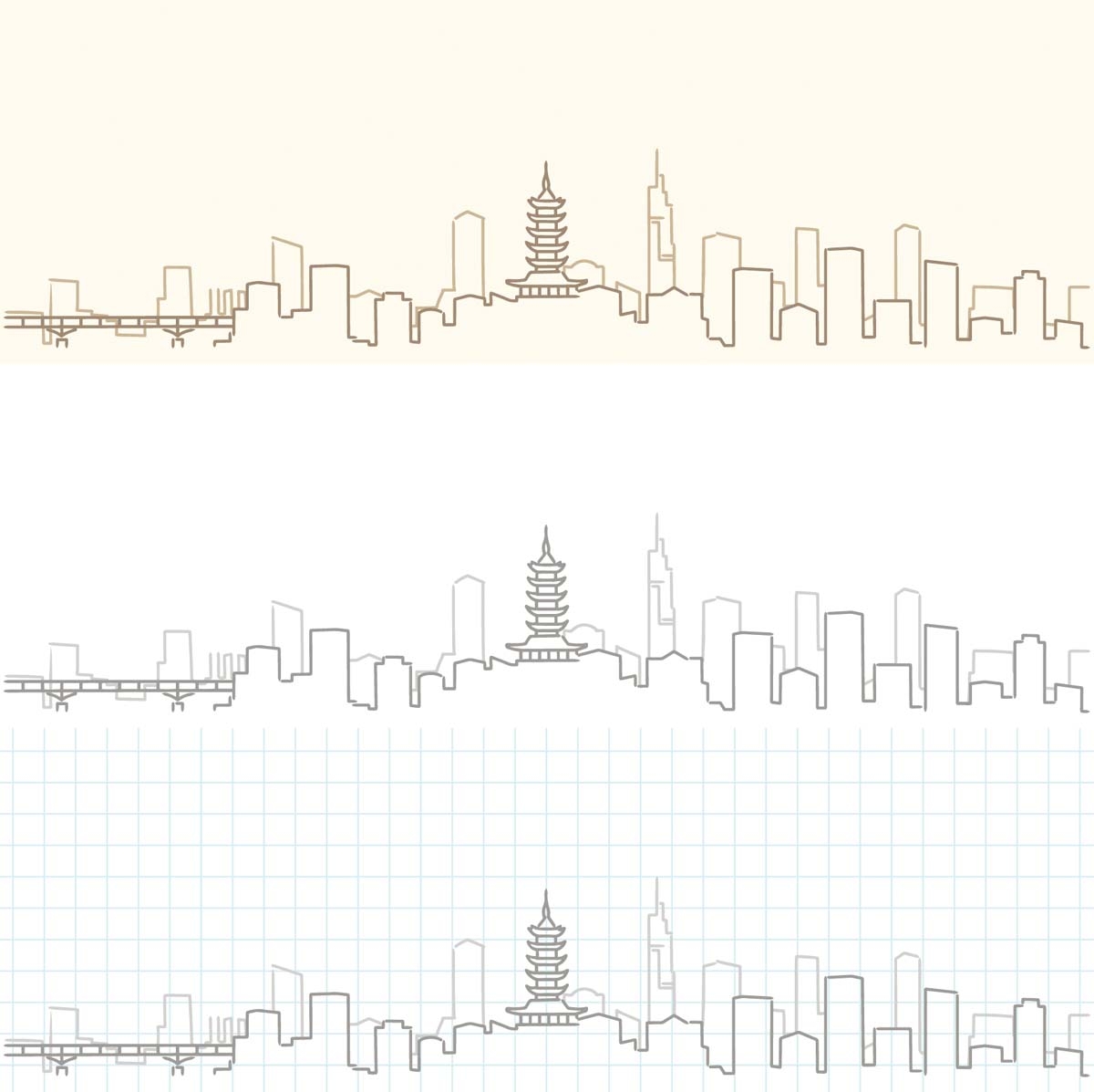 南京城市建筑剪影插画线稿平面海报素材