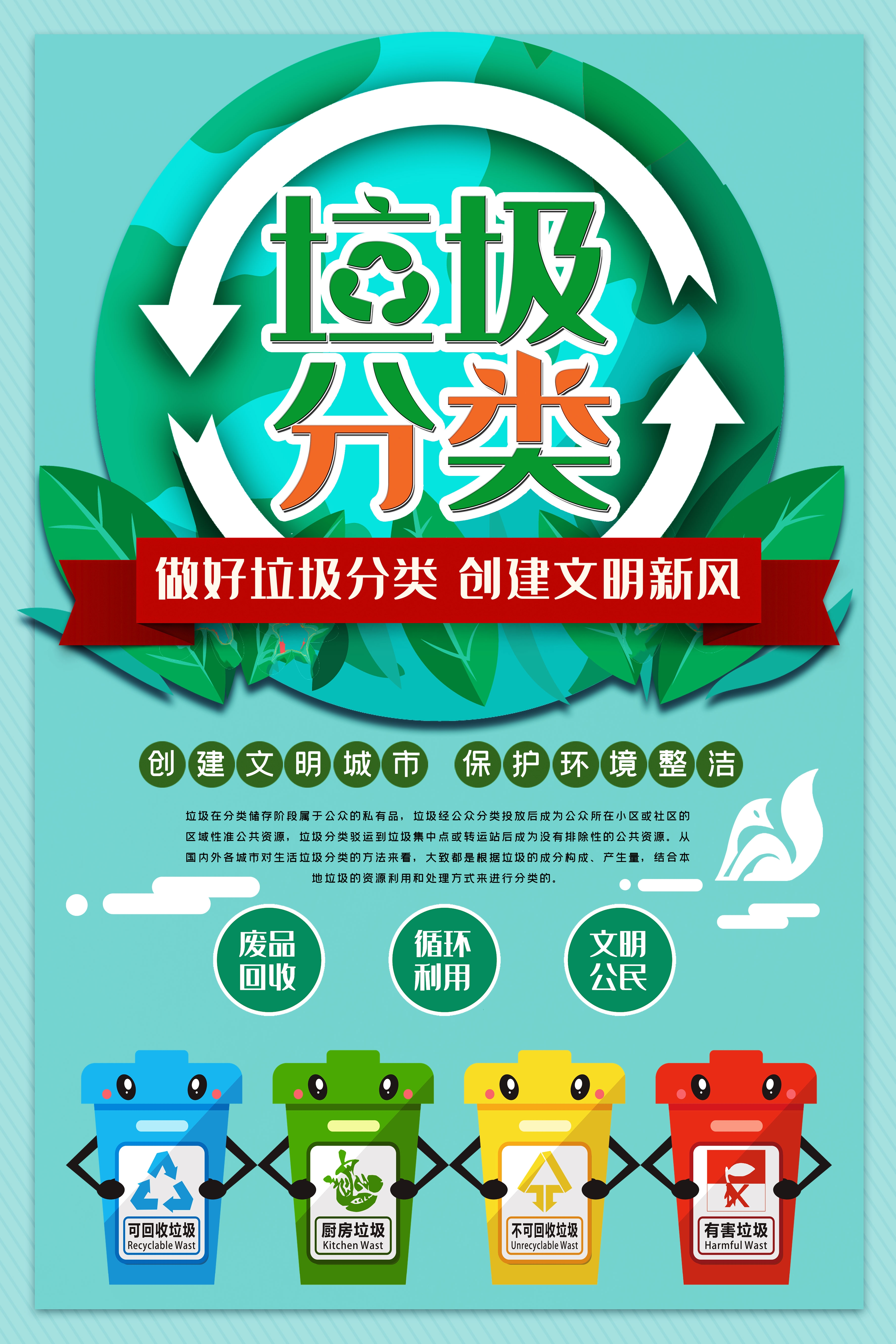 垃圾分类从我做起循环利用绿色环保垃圾不落地海报展板181