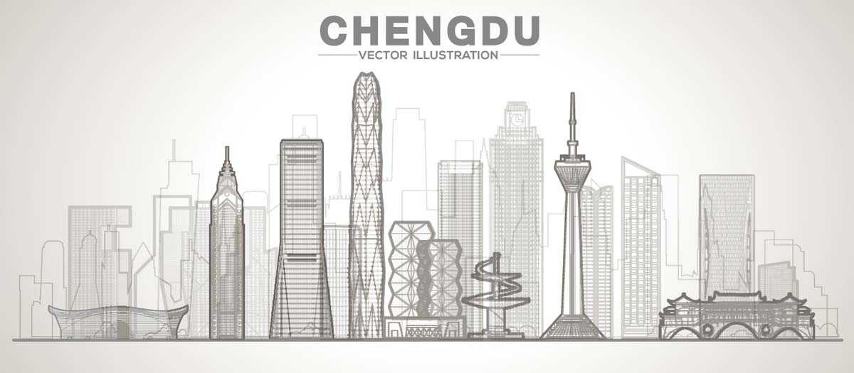 成都城市建筑剪影插画线稿平面海报素材