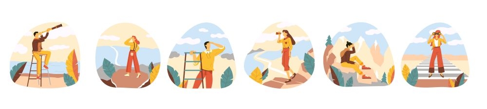 扁平手绘野外徒步旅行探险背包客人物户外场景插画AI素材27