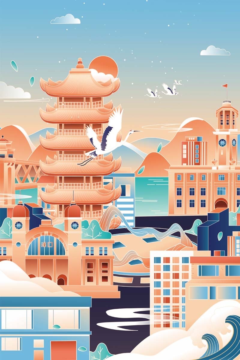 国潮武汉城市建筑线稿插画平面海报素材