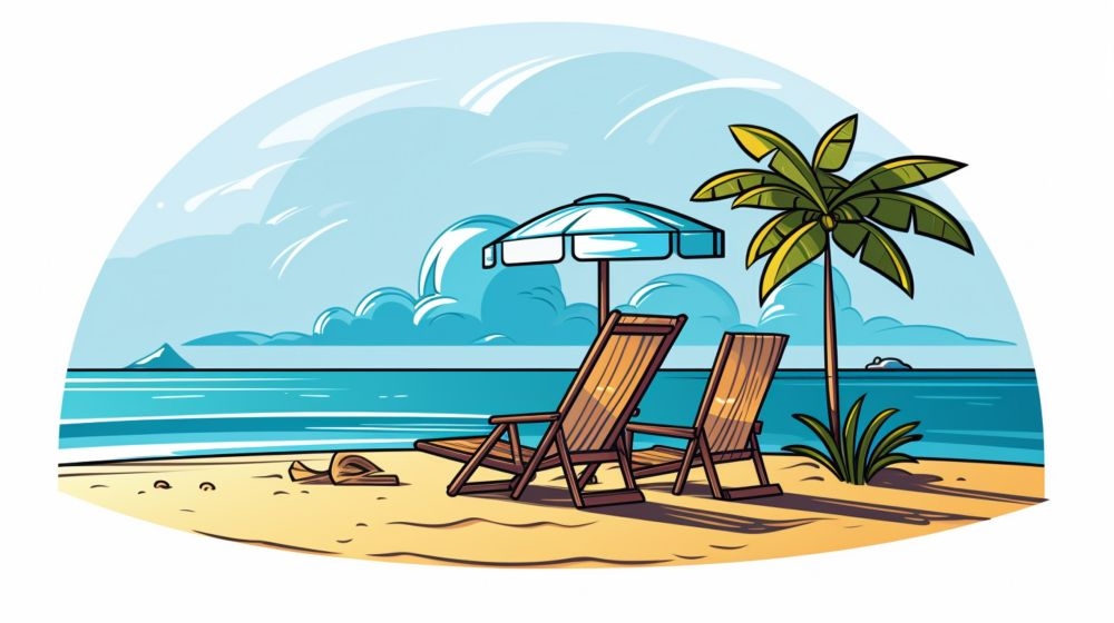 手绘卡通夏天夏日大海边沙滩天空自然风景插画背景展板海报矢量素材图
