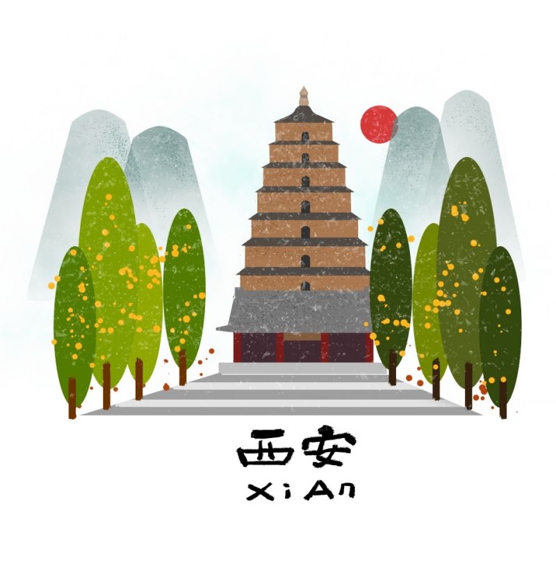 国潮西安城市建筑插画平面海报素材