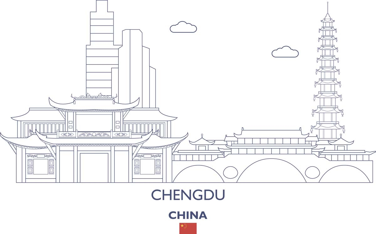 成都城市建筑剪影插画线稿平面海报素材