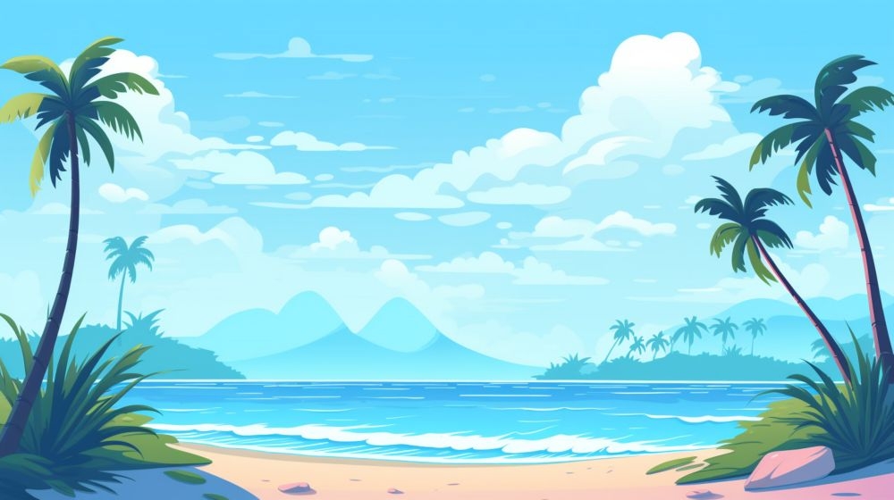 手绘卡通夏天夏日大海边沙滩天空自然风景插画背景展板海报矢量素材图 (1)