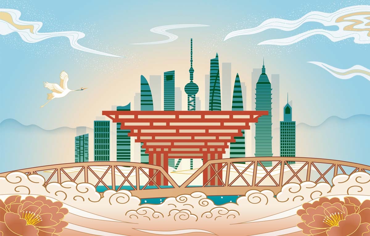 上海城市建筑剪影插画线稿平面海报素材
