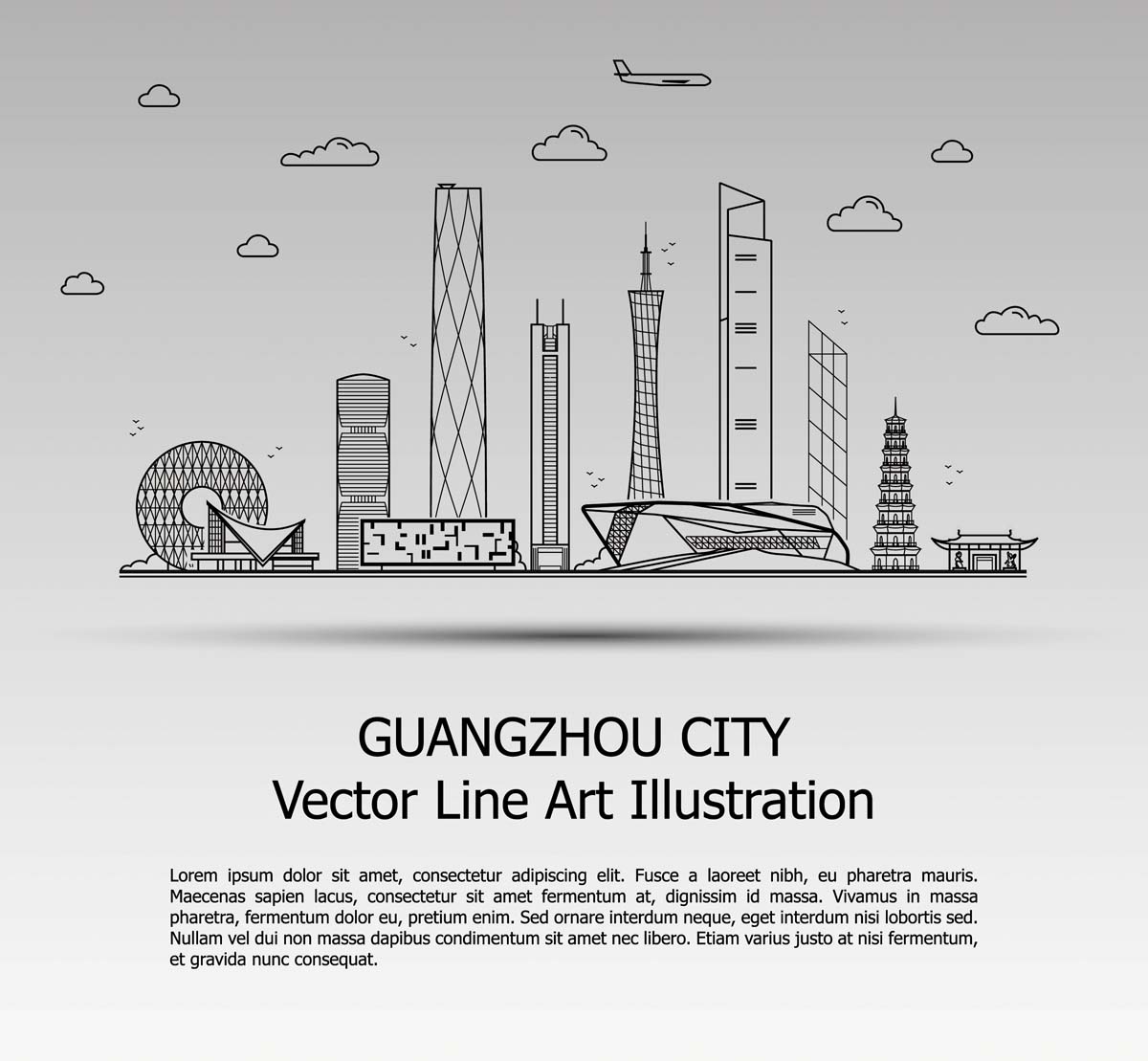 广州城市建筑剪影插画线稿平面海报素材