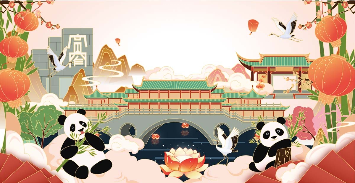 成都城市建筑剪影插画线稿平面海报素材