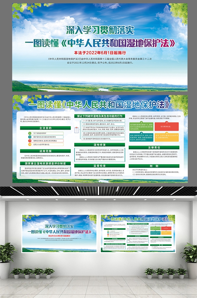 一图读懂湿地保护法知识亮展板宣传栏绿色清新CDR模版素材