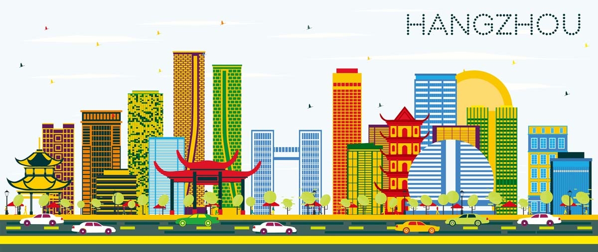 杭州城市建筑剪影插画海报素材