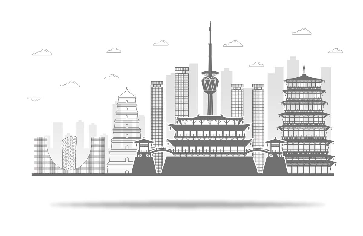 西安城市建筑剪影插画线稿平面海报素材