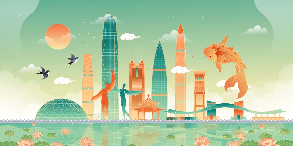 深圳城市建筑剪影插画线稿平面海报素材