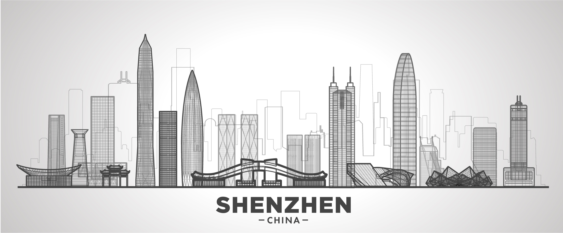 深圳城市建筑剪影插画线稿平面海报素材