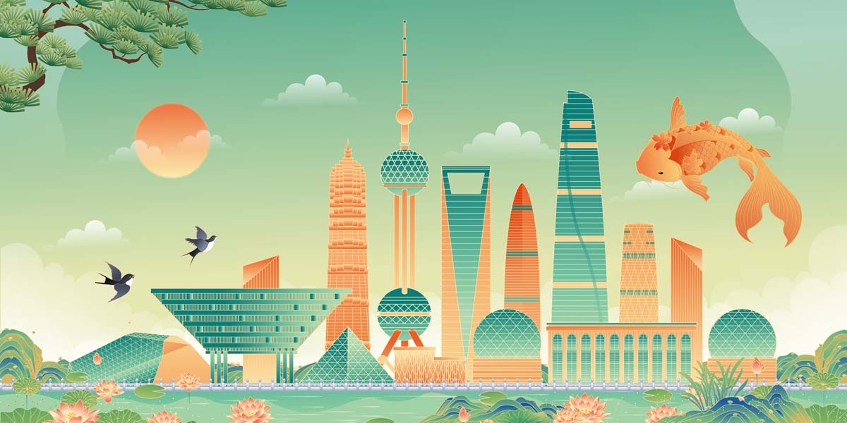 上海城市建筑剪影插画线稿平面海报素材