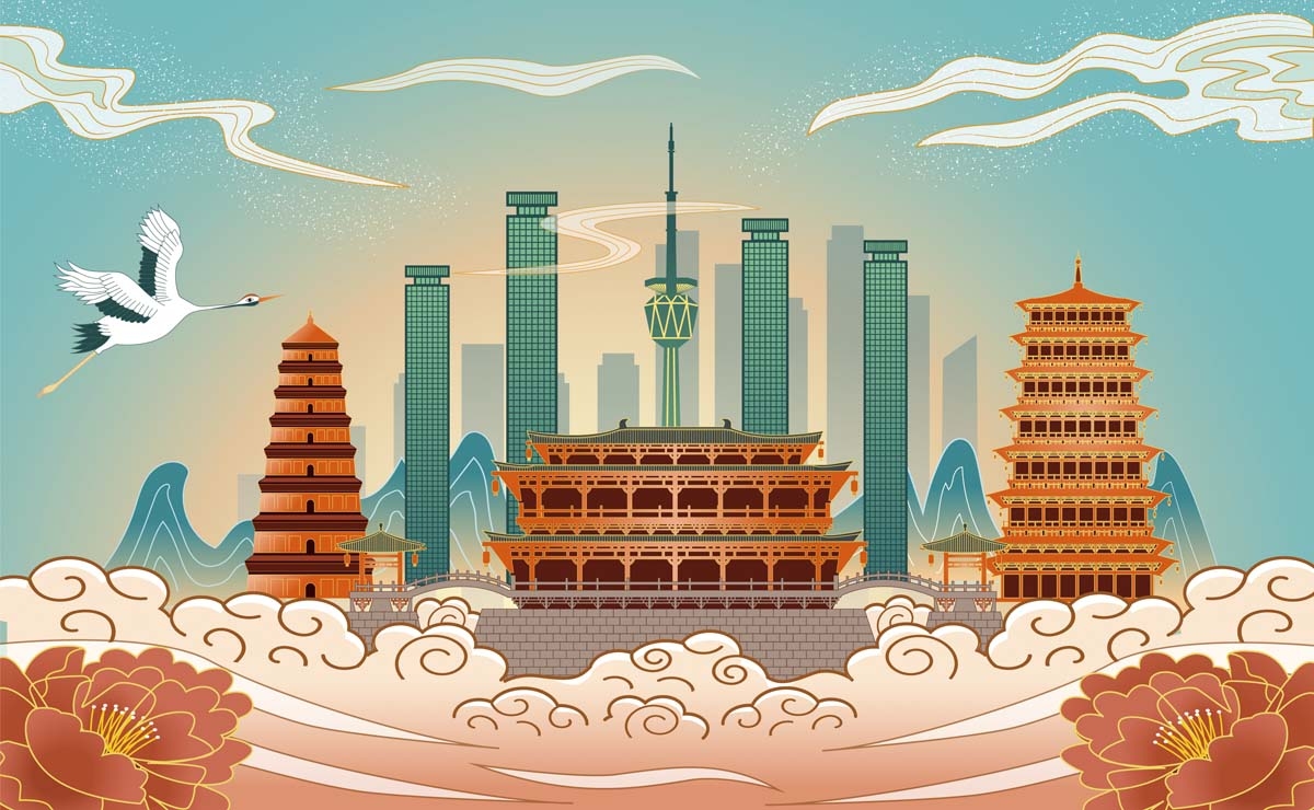 西安城市建筑剪影插画线稿平面海报素材 (18)