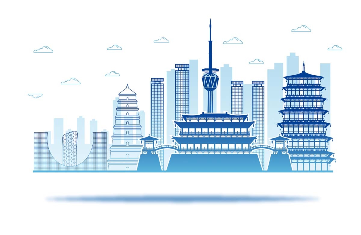 西安城市建筑剪影插画线稿平面海报素材 (14)