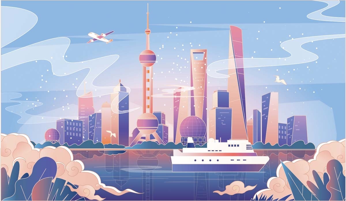 上海城市建筑剪影插画线稿平面海报素材