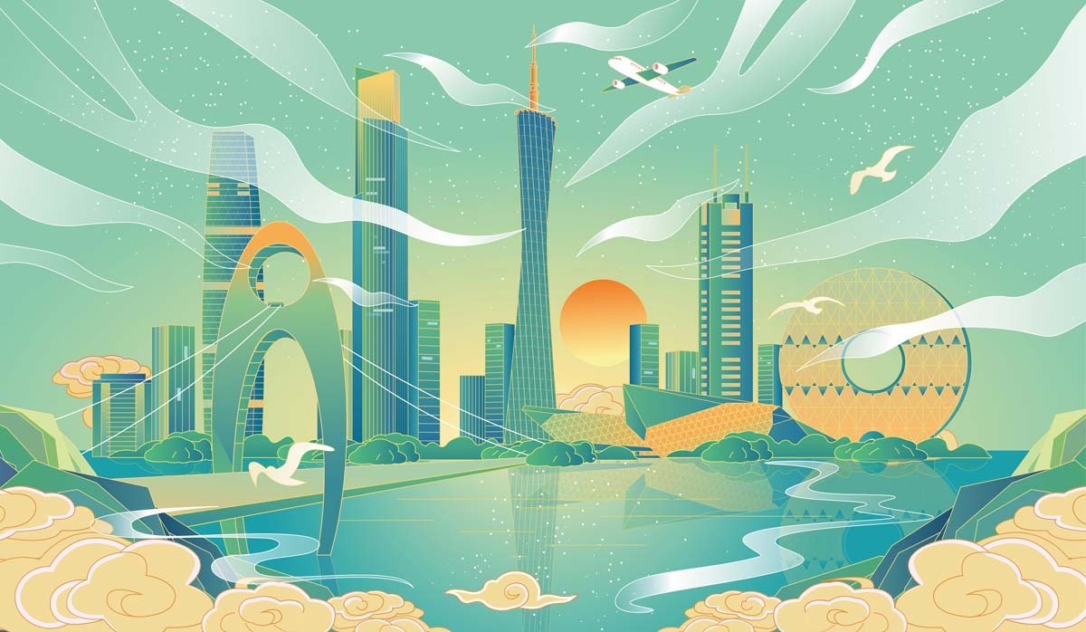 广州城市建筑剪影插画线稿平面海报素材