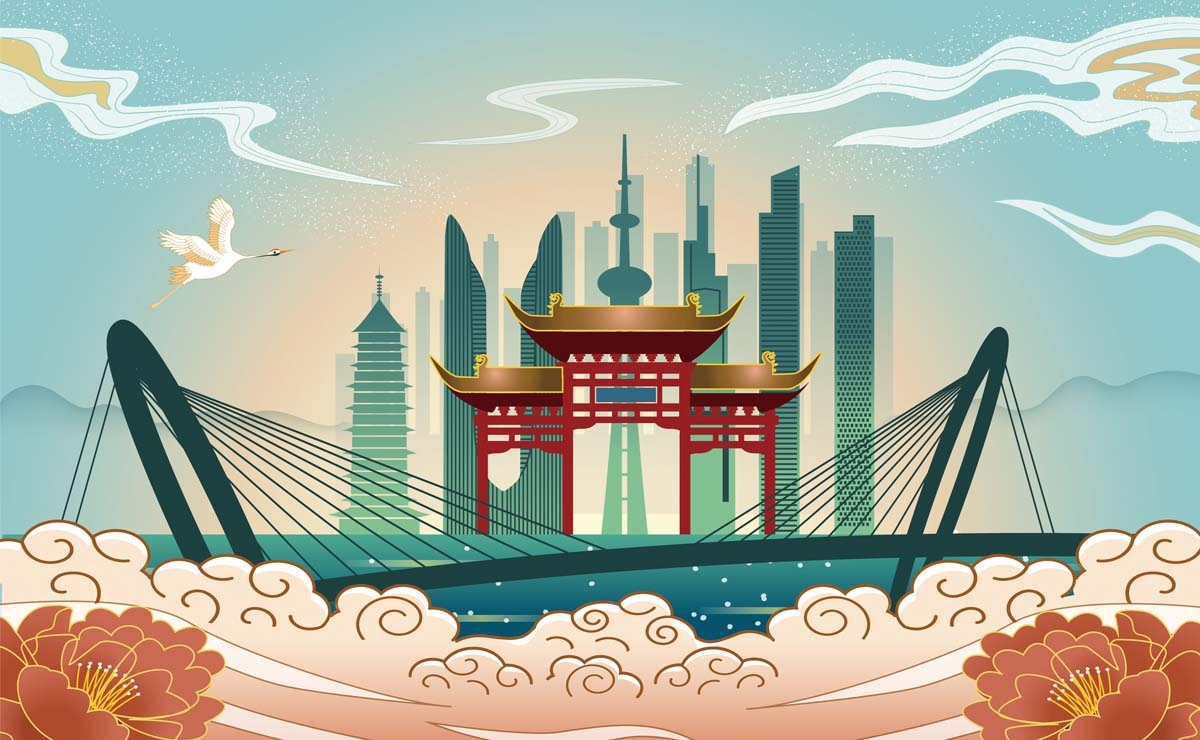 南京城市建筑剪影插画线稿平面海报素材