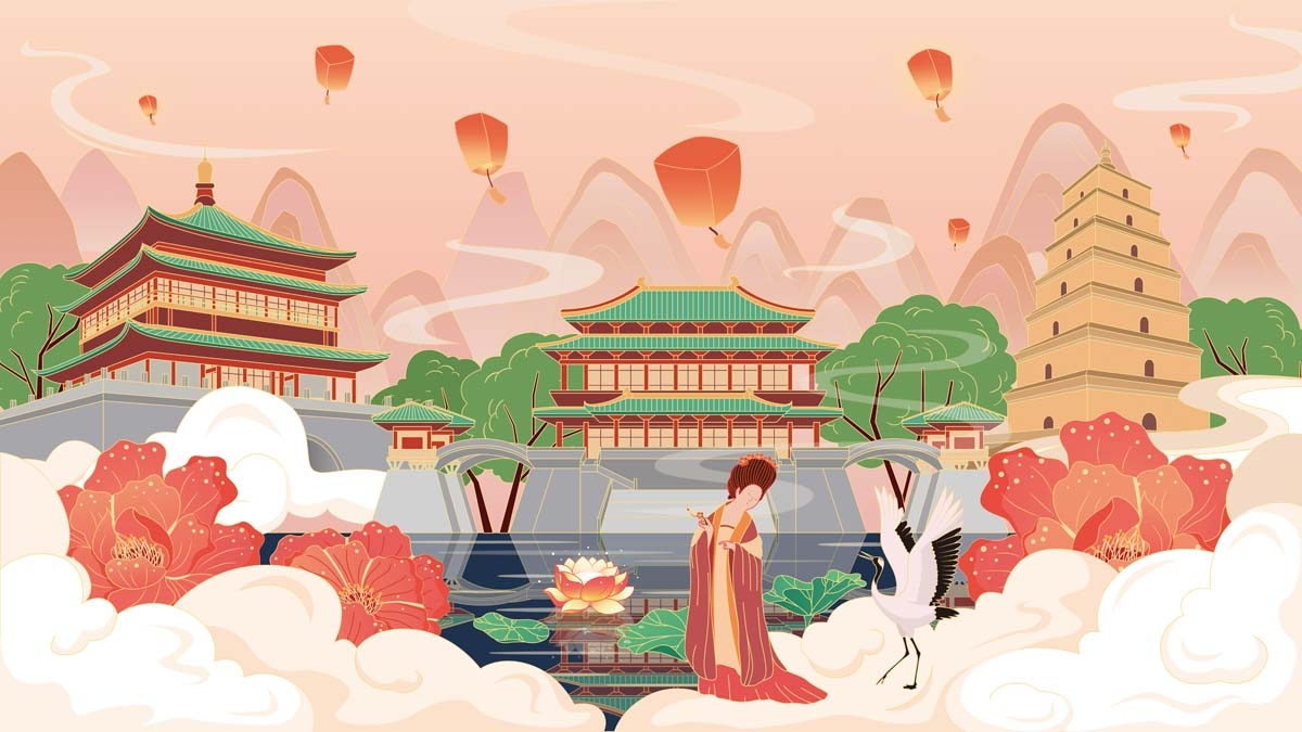 西安城市建筑剪影插画线稿平面海报素材