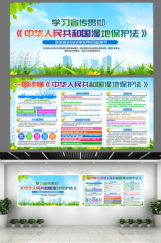 绿色一图读懂湿地保护法知识亮展板宣传栏PSD模版素材