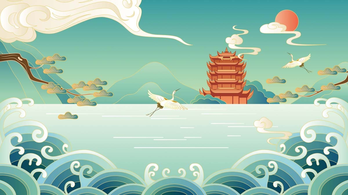 国潮武汉城市建筑线稿插画平面海报素材