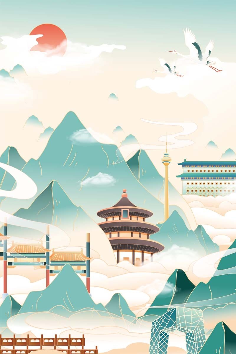 北京城市建筑剪影插画线稿平面海报素材