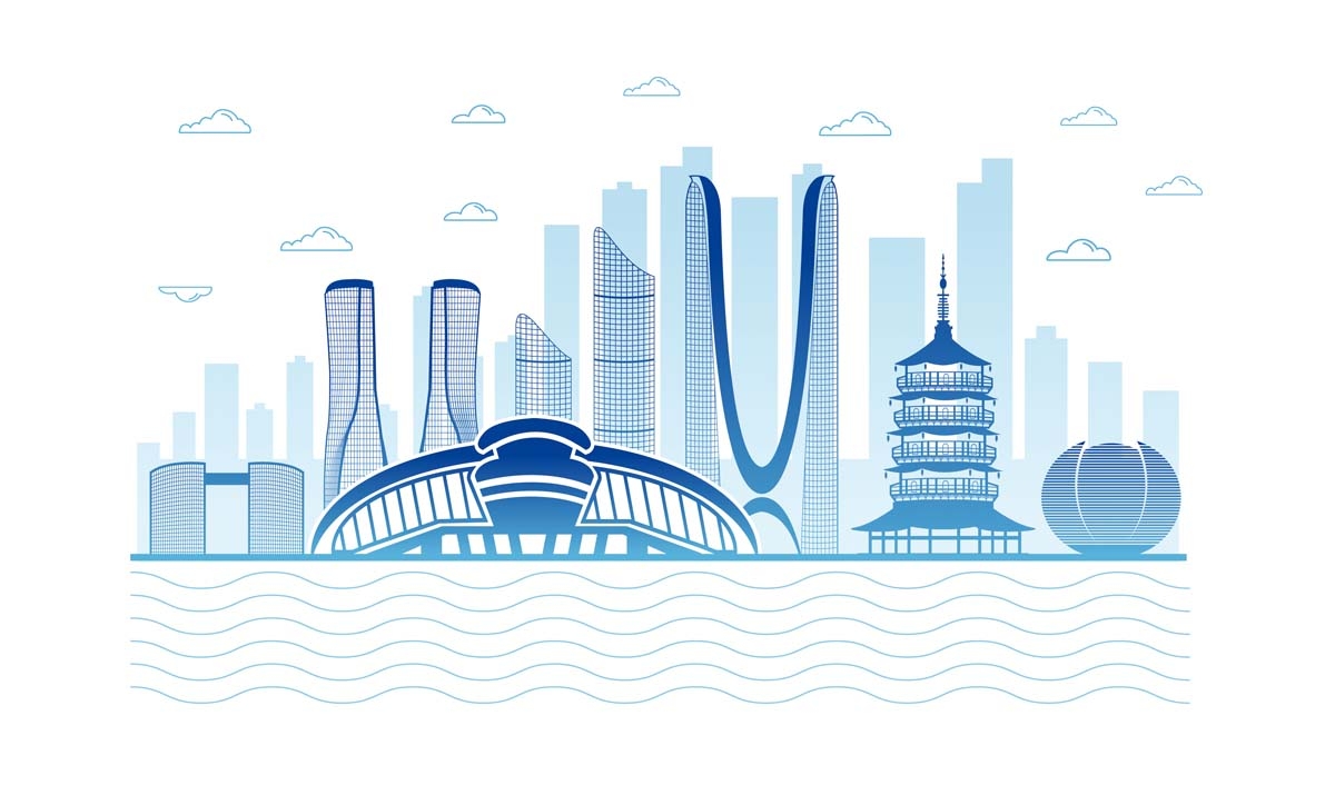 杭州城市建筑剪影插画海报素材