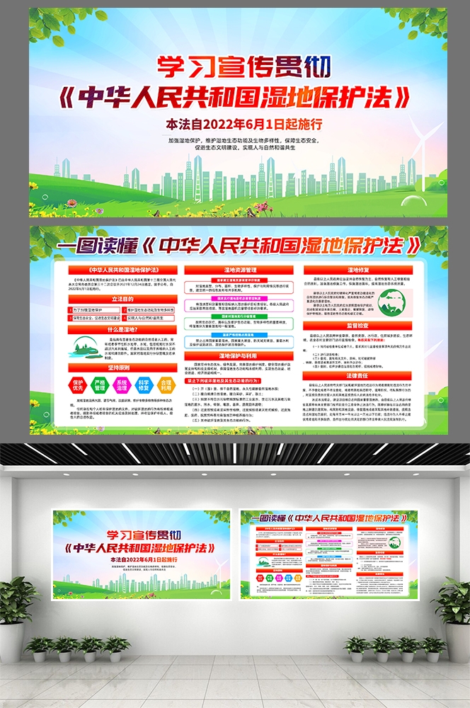 绿色清新一图读懂湿地保护法知识亮展板宣传栏PSD模版素材