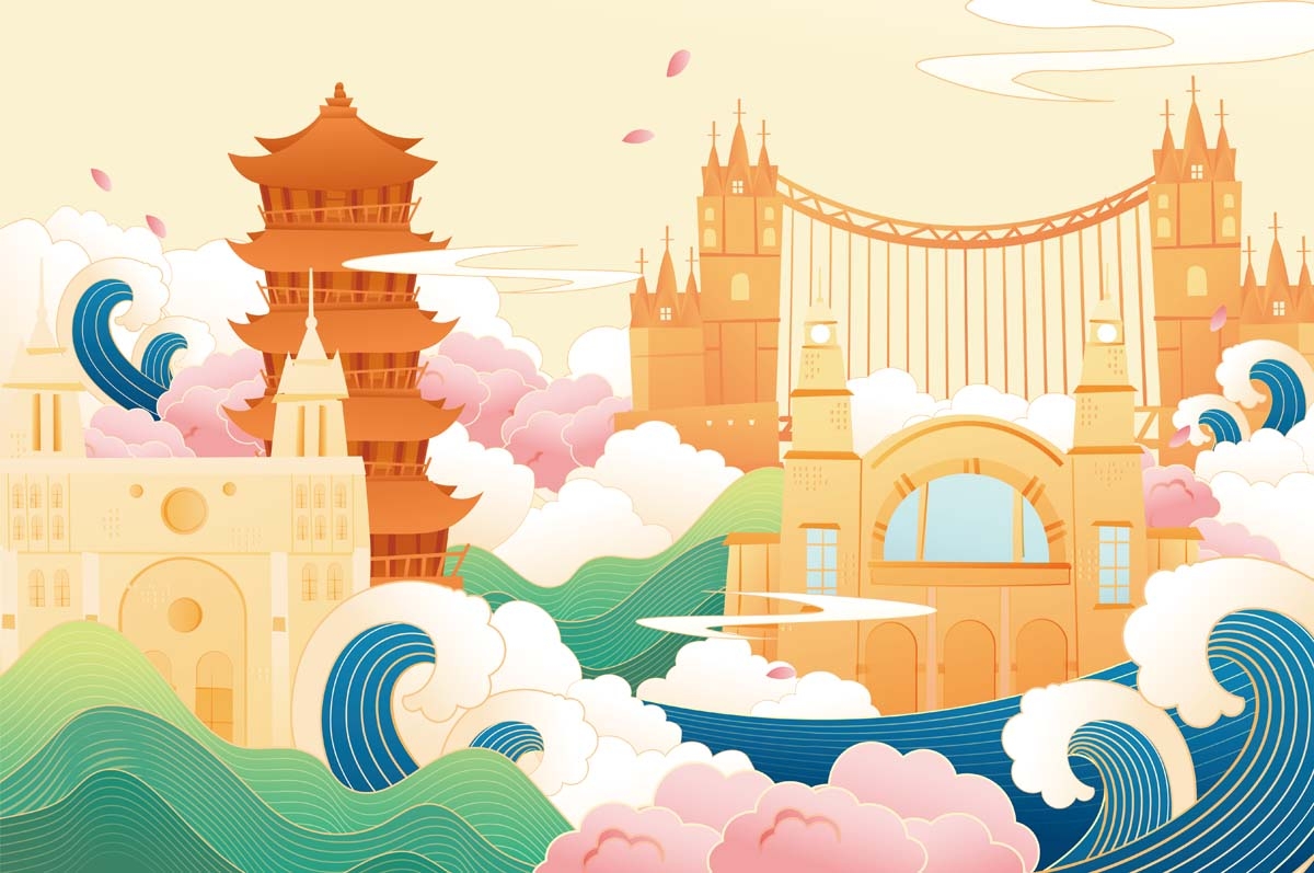 国潮武汉城市建筑线稿插画平面海报素材