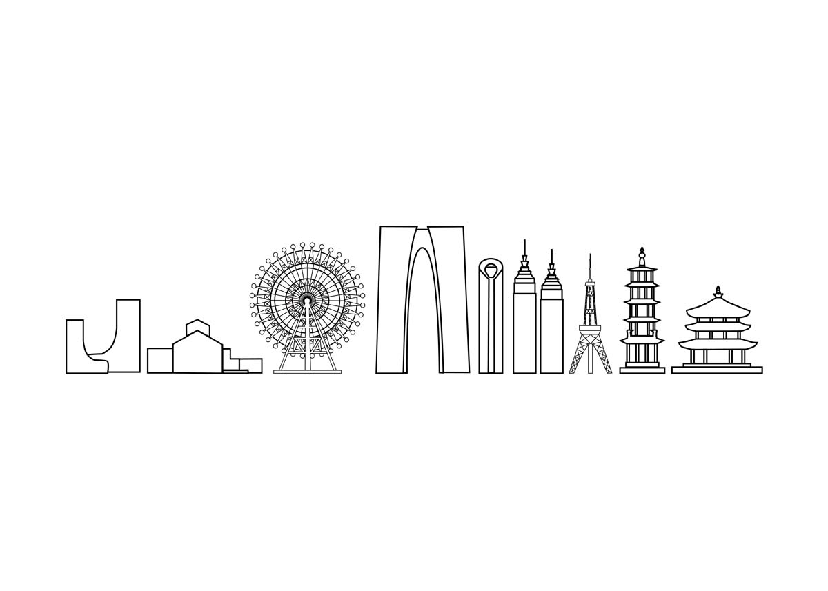 苏州城市建筑剪影插画线稿平面海报素材