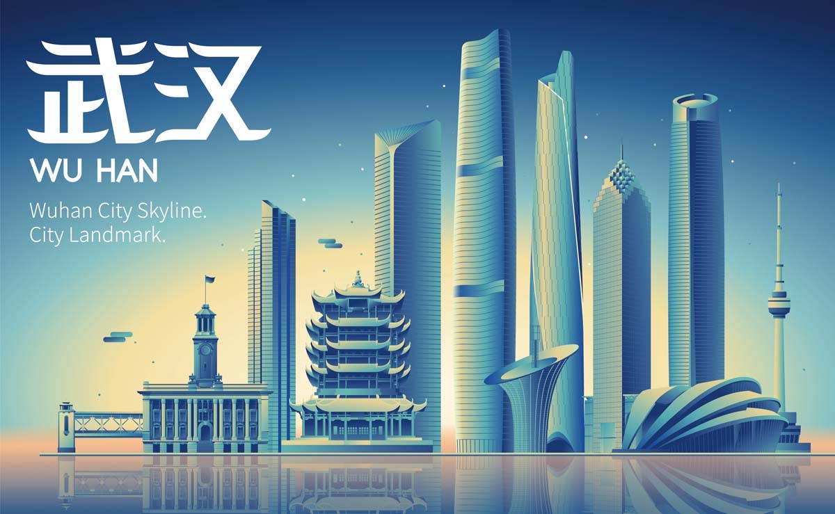 国潮武汉城市建筑线稿插画平面海报素材