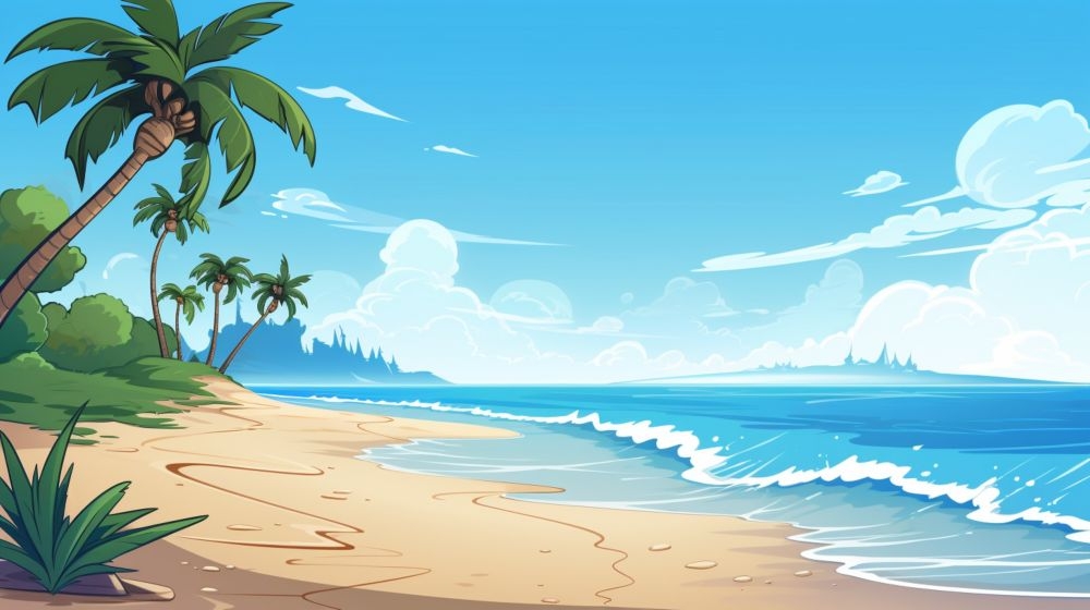 手绘卡通夏天夏日大海边沙滩天空自然风景插画背景展板海报矢量素材图 (10)