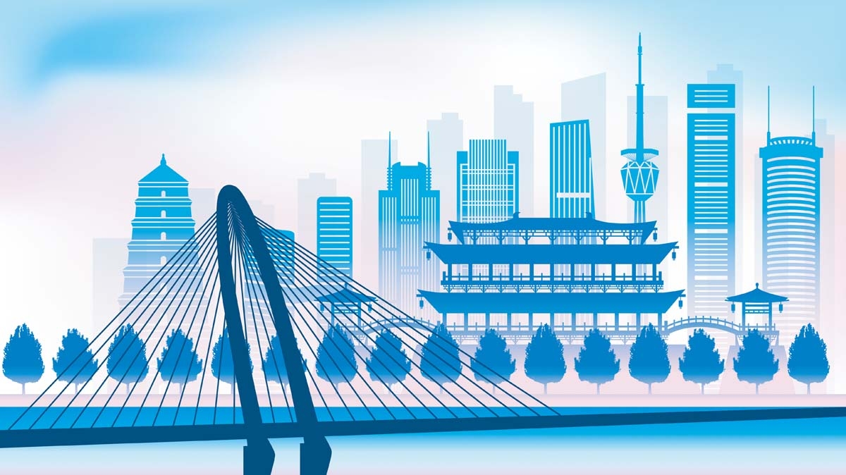 西安城市建筑剪影插画线稿平面海报素材