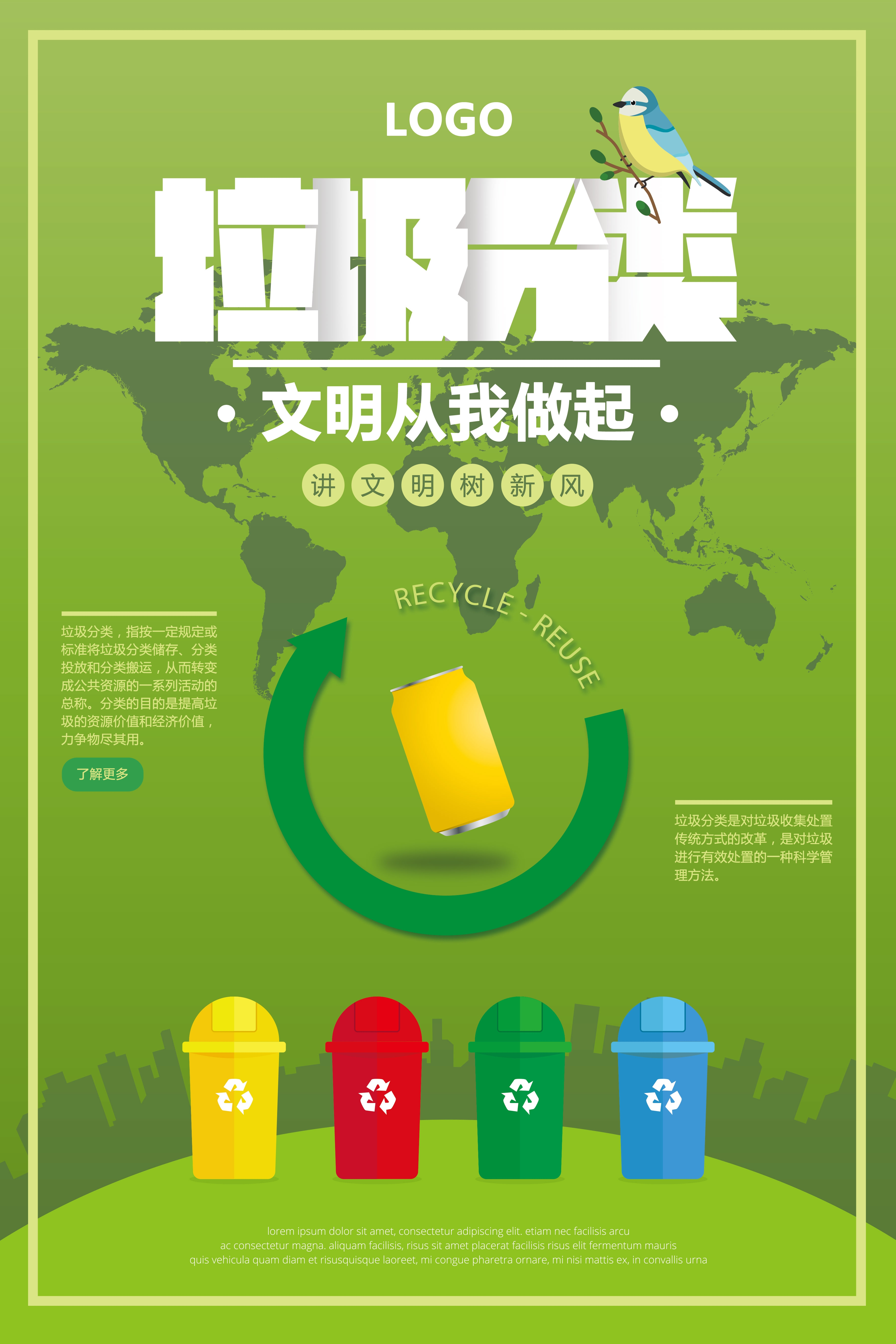 垃圾分类从我做起循环利用绿色环保垃圾不落地海报展板92