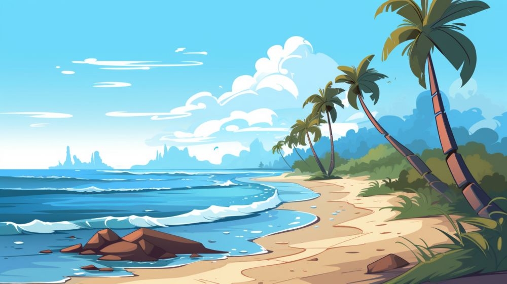 手绘卡通夏天夏日大海边沙滩天空自然风景插画背景展板海报矢量素材图 (19)