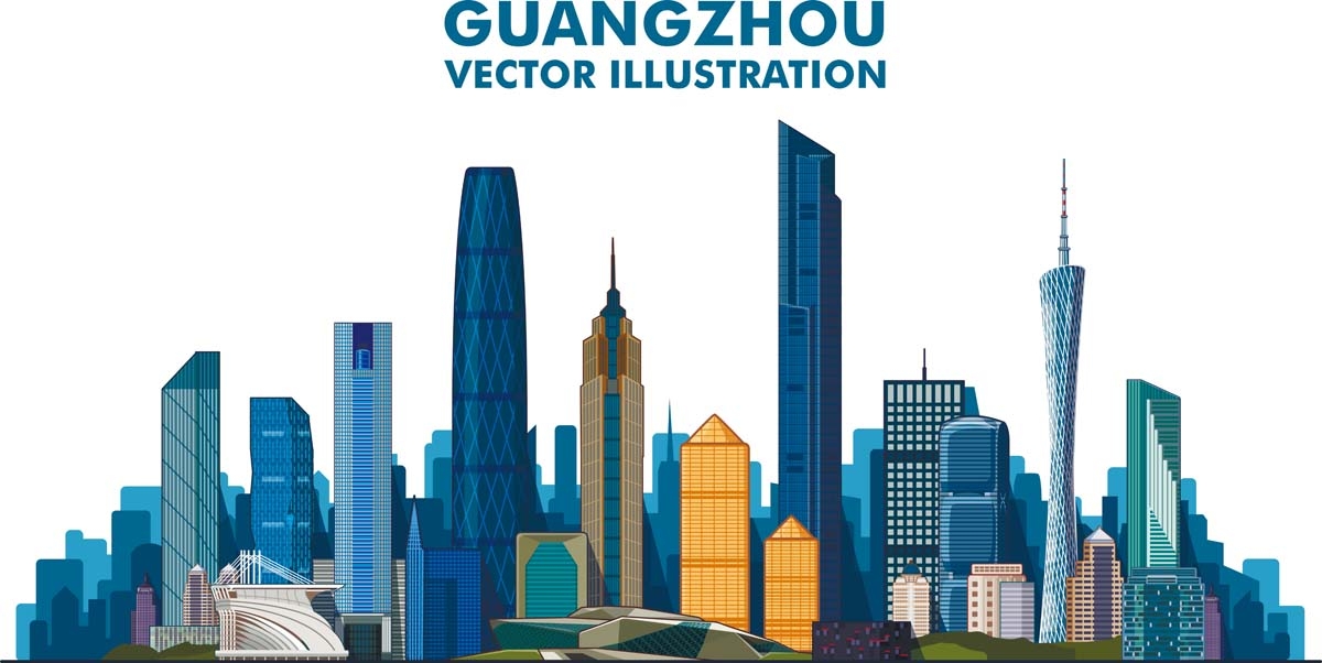 广州城市建筑剪影插画线稿平面海报素材
