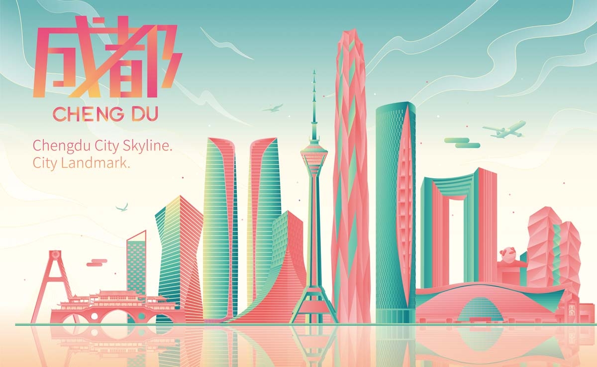 成都城市建筑剪影插画线稿平面海报素材
