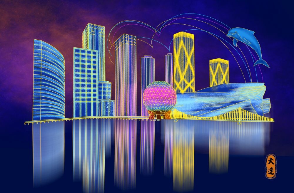 大连城市建筑剪影插画线稿平面海报素材